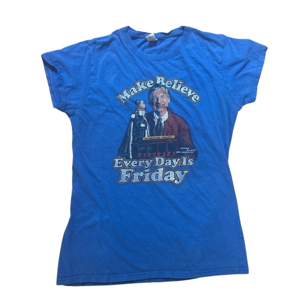 Mr Roger's graphic Make‎ Believe its Friday blue short sleeve shirt SIZE S